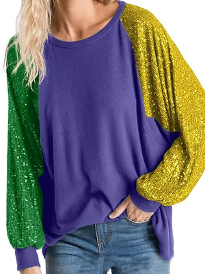 ALLTB Women's Sequin Tops Sparkle Long Sleeve Blouses Shimmer Glitter Sweatshirt Party Crewneck Loose Fit Shirts