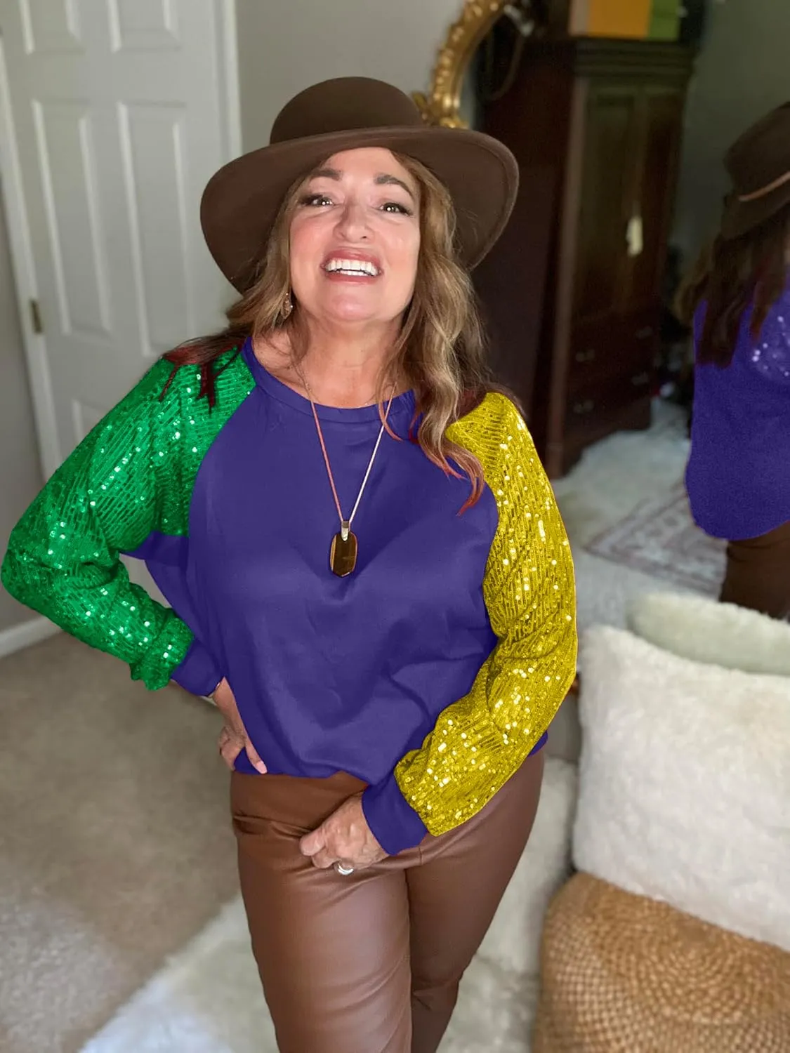 ALLTB Women's Sequin Tops Sparkle Long Sleeve Blouses Shimmer Glitter Sweatshirt Party Crewneck Loose Fit Shirts