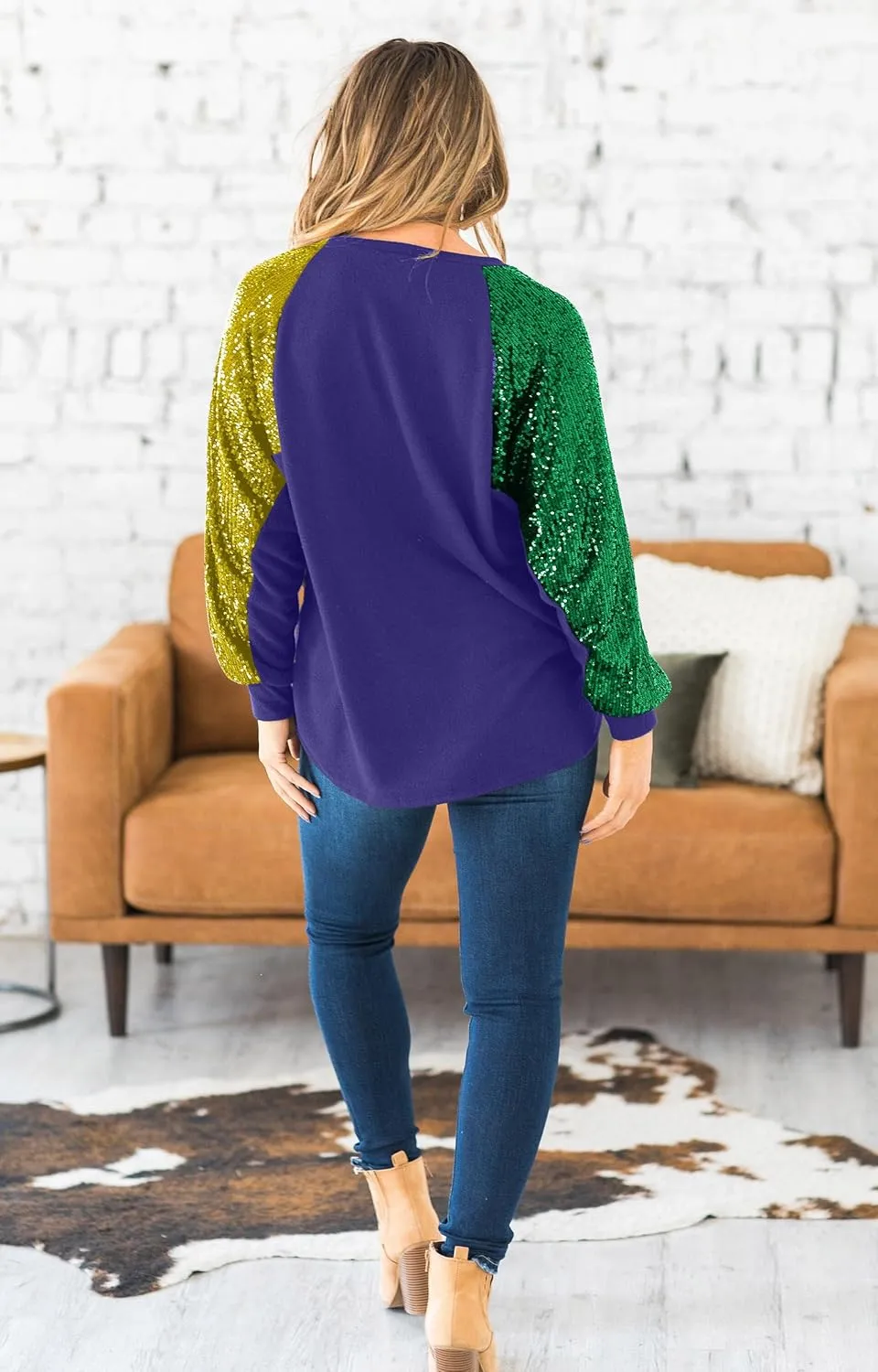 ALLTB Women's Sequin Tops Sparkle Long Sleeve Blouses Shimmer Glitter Sweatshirt Party Crewneck Loose Fit Shirts
