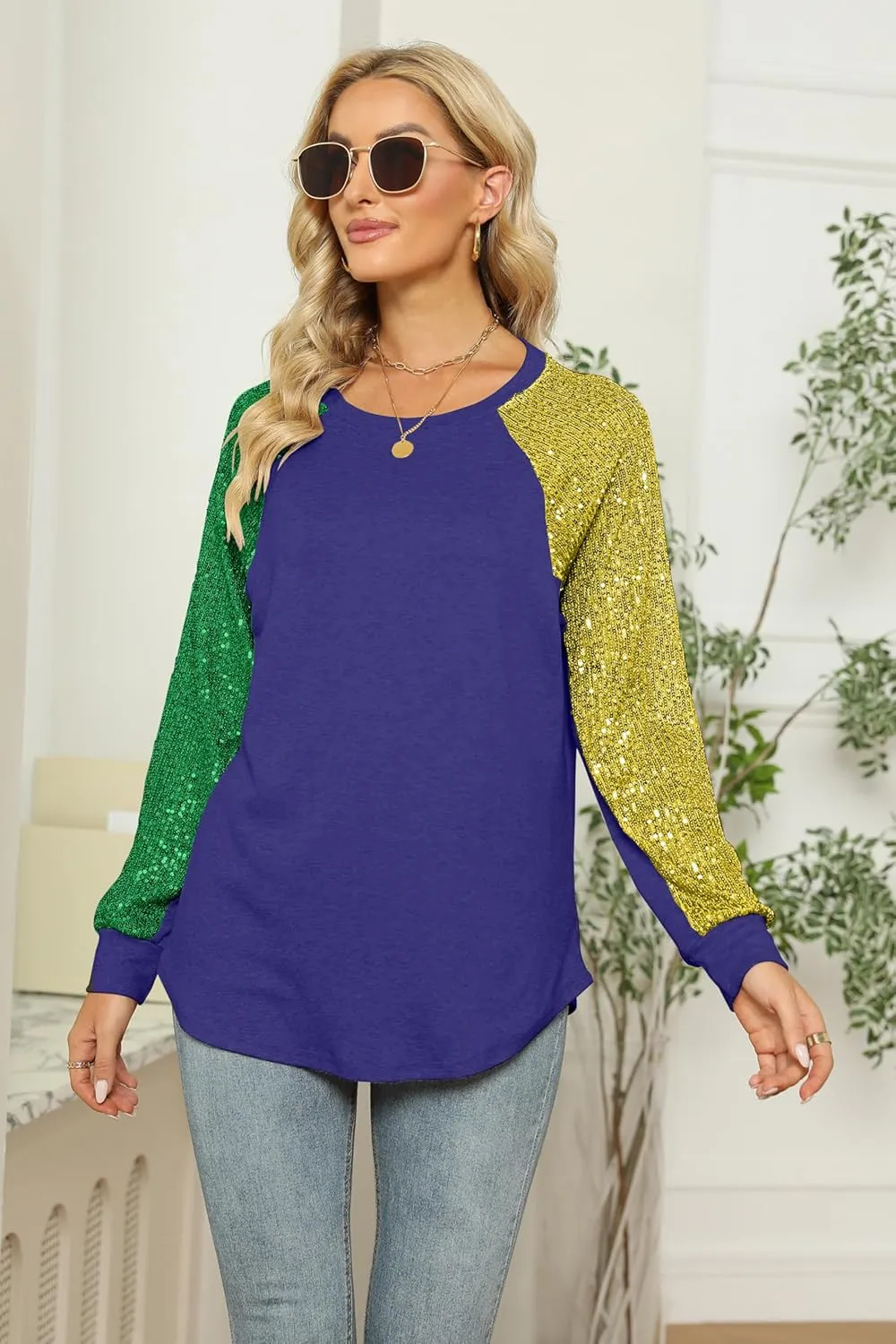 ALLTB Women's Sequin Tops Sparkle Long Sleeve Blouses Shimmer Glitter Sweatshirt Party Crewneck Loose Fit Shirts