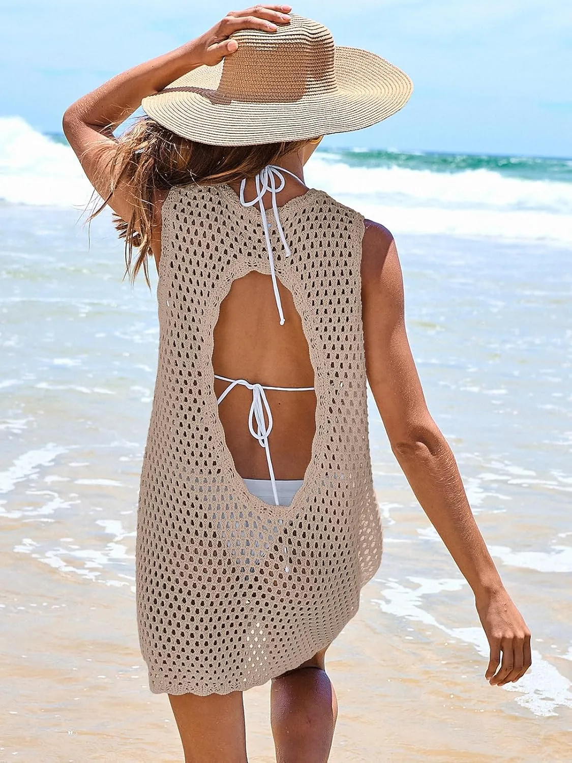 ANRABESS Womens Swimsuit Cover Up Sleeveless Knit 2025 Summer Outfits Swimwear Bathing Suit Coverup Crochet Beach Dress