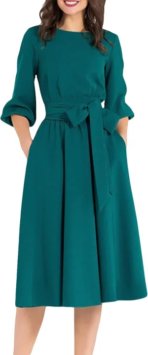AOOKSMERY Women Elegance Audrey Hepburn Style Round Neck 3/4 Puff Sleeve Swing Midi Dress Long Belt Dresses with Pockets
