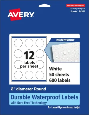 Avery Durable Waterproof Round Labels, Sure Feed Technology, 2" Diameter, 600 Total, Oil and Tear-Resistant Waterproof Labels, Print-to-The-Edge, Laser/Pigment-Based Inkjet Printable