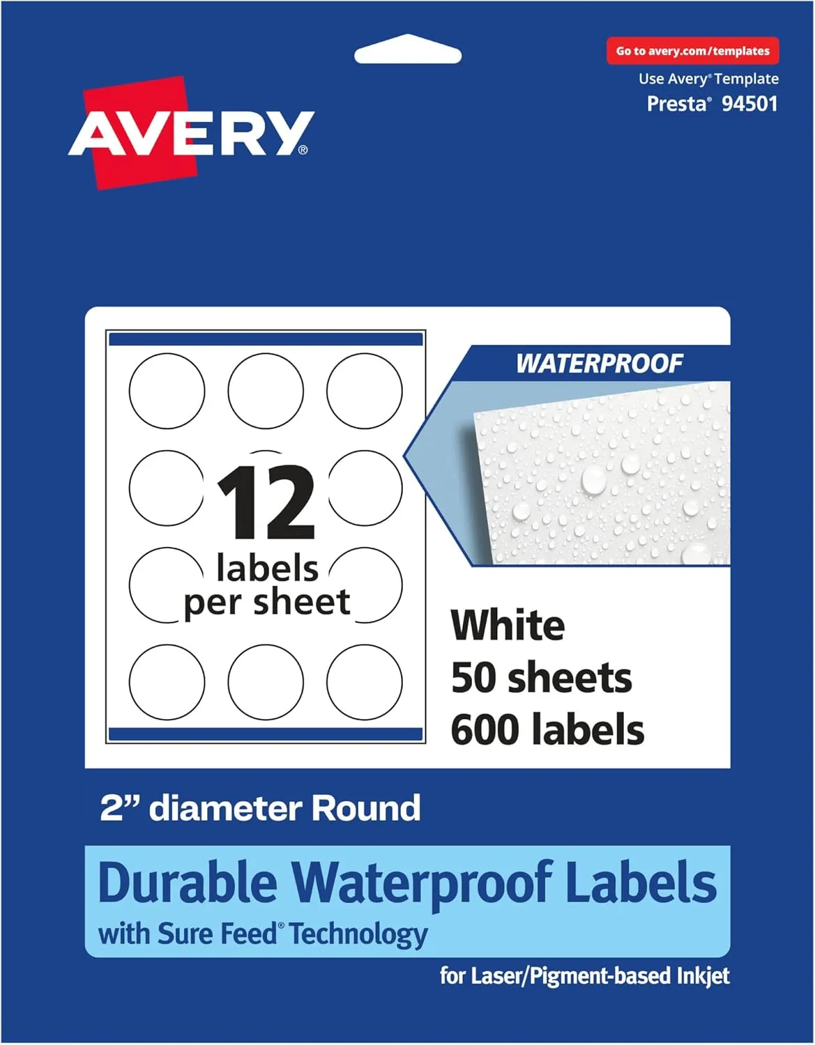 Avery Durable Waterproof Round Labels, Sure Feed Technology, 2" Diameter, 600 Total, Oil and Tear-Resistant Waterproof Labels, Print-to-The-Edge, Laser/Pigment-Based Inkjet Printable