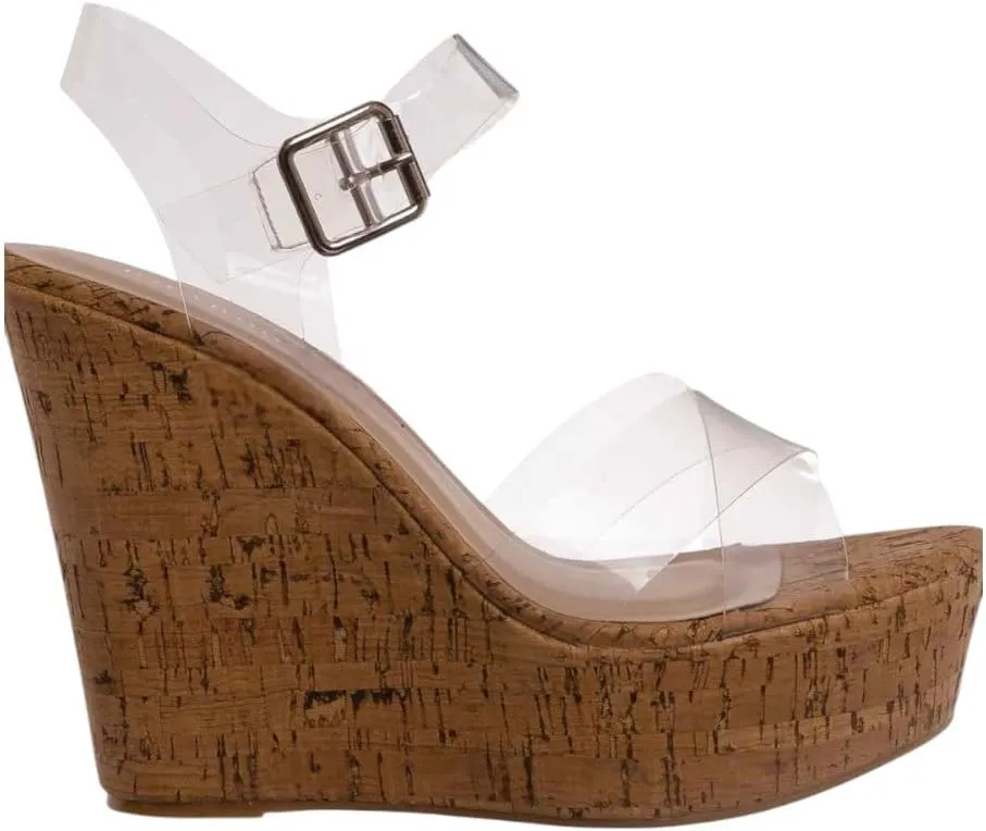 BAMBOO Women Peep Toe Platform Wedge High Heel Ankle Strap Sandals