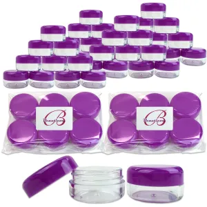 Beauticom 15 gram/15ml Empty Clear Small Round Travel Container Jars with Lids for Make Up Powders, Eyeshadow Pigments, Lotions, Creams, Lip Balm, Lip Gloss, Samples (60 Pieces, Purple Lid)