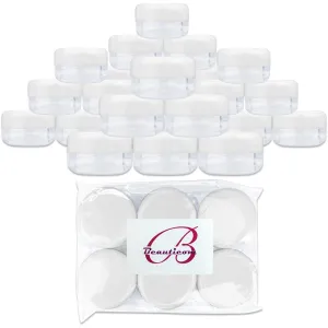 Beauticom 15 gram/15ml Empty Clear Small Round Travel Container Jars with Lids for Make Up Powders, Eyeshadow Pigments, Lotions, Creams, Lip Balm, Lip Gloss, Samples (60 Pieces, White Lid)