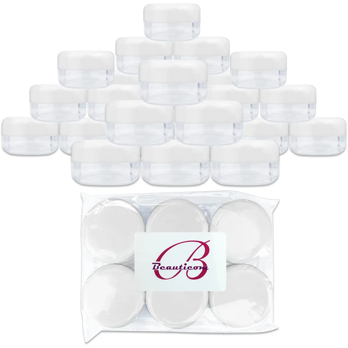 Beauticom 15 gram/15ml Empty Clear Small Round Travel Container Jars with Lids for Make Up Powders, Eyeshadow Pigments, Lotions, Creams, Lip Balm, Lip Gloss, Samples (60 Pieces, White Lid)