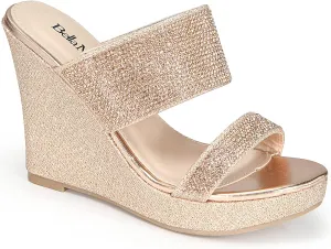 Bella Marie Santo Women's Rhinestone Wedge Sandal Rose Gold Band 6