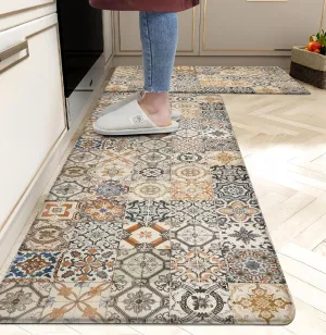 Boho Kitchen Rugs Set 2 Memory Foam Colorful Ceramic Comfort Tile Floor Mat Anti Fatigue Non-Skid PVC Runner Rug Water & Oil Proof Carpet for Kitchen Laundry Sink,17.3x28 17.3x47 Inch, C3