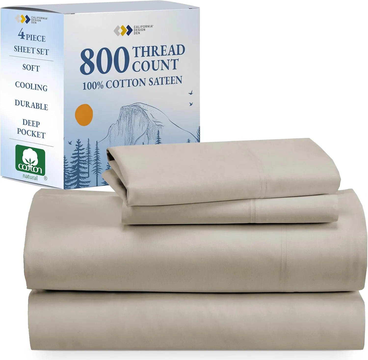 California Design Den Deep Pocket King Sheet Set - Luxury 800 Thread Count Sheets King, 100% Cotton Sateen Bedding Set - Cooling & Softer Than Egyptian Cotton Sheets (Beige)