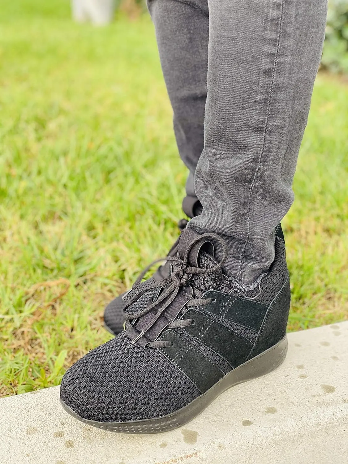 CALTO Men's Invisible Height Increasing Elevator Shoes - Black Mesh Super Lightweight Lace-up Sporty Trainer Sneakers - 3 Inches Taller - H1901 - Size 7 D(M) US