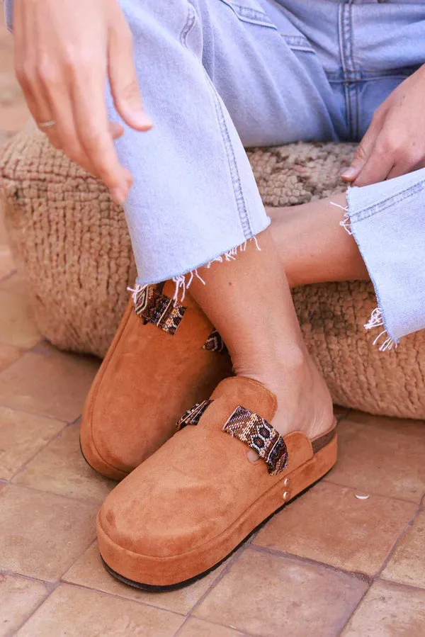Camel Sueded Mules with Tribal Woven Strap