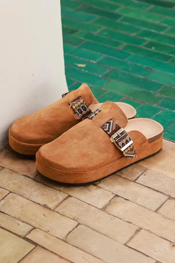 Camel Sueded Mules with Tribal Woven Strap