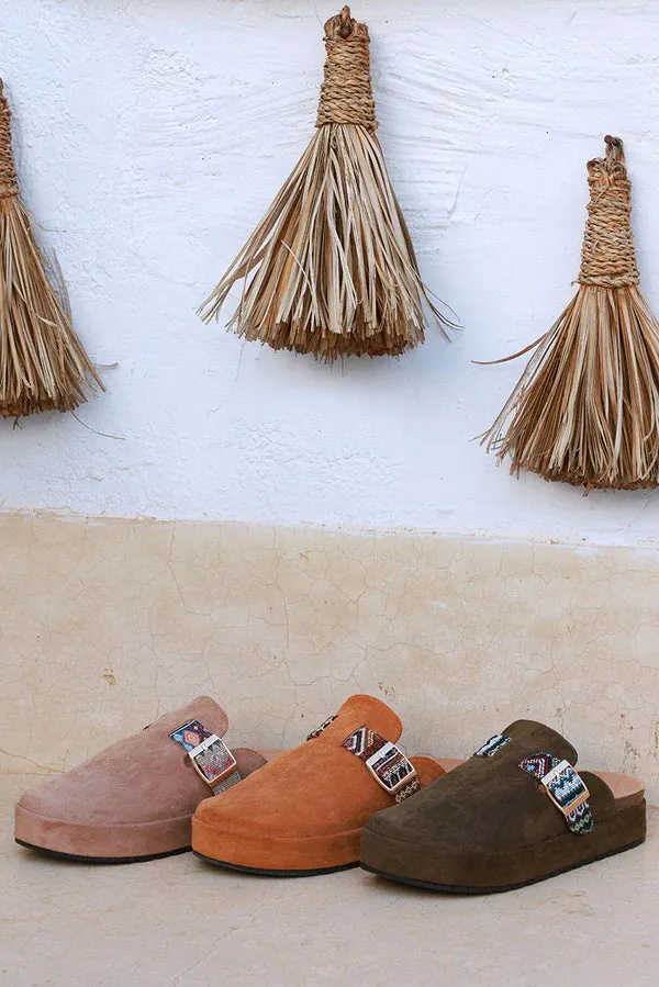 Camel Sueded Mules with Tribal Woven Strap