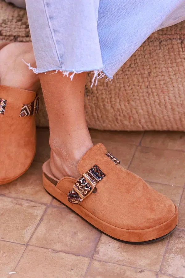 Camel Sueded Mules with Tribal Woven Strap