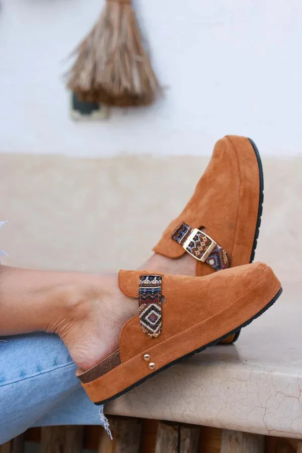 Camel Sueded Mules with Tribal Woven Strap