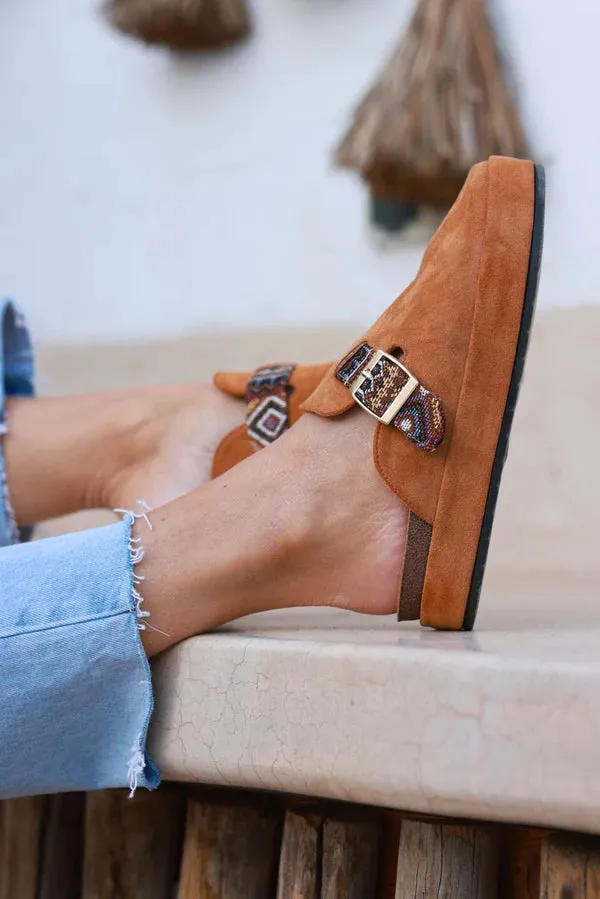 Camel Sueded Mules with Tribal Woven Strap