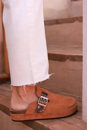 Camel Sueded Mules with Tribal Woven Strap