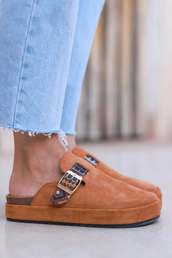 Camel Sueded Mules with Tribal Woven Strap