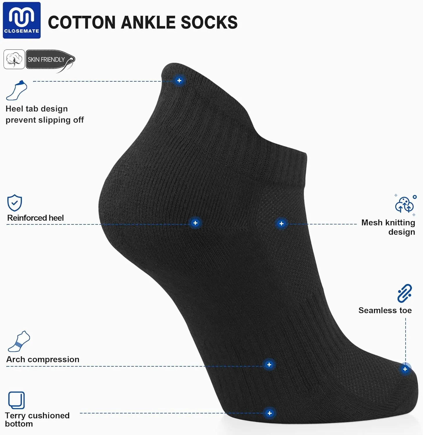 CLOSEMATE 7 Pairs Ankle Athletic Running Socks for Men Women - Comfortable Cotton Cushioned and Anti-Blister