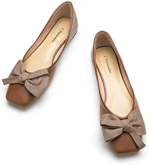 C.Paravano Women's Flats | Square Toe Shoes for Women | Women Leather Ballet Flat | Flats for Woman Dressy | Brown Flat Shoes | Slip On Bowknot for Work Casual & Wedding Party (Size 6.5,Brown)