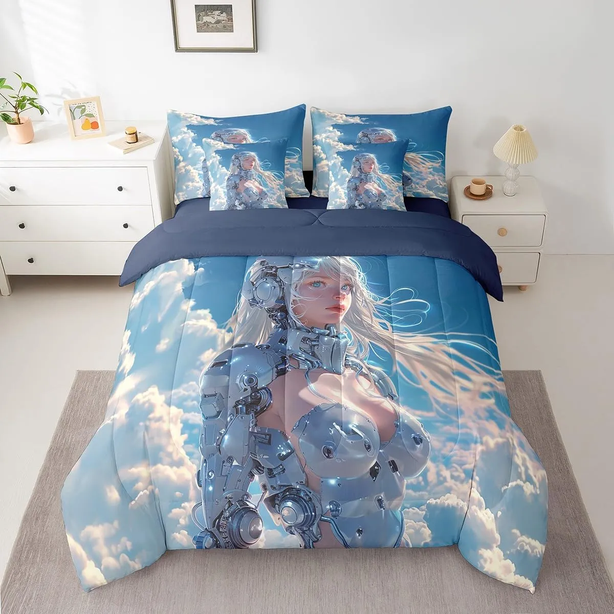 Erosebridal 7 Piece Japanese Anime Comforter Set Full Size, Cartoon Manga Girl Bed in A Bag for Kids Boys Girls, Blue Sky White Cloud Comforter with Sheet Set, Japan Animation Bedding Set