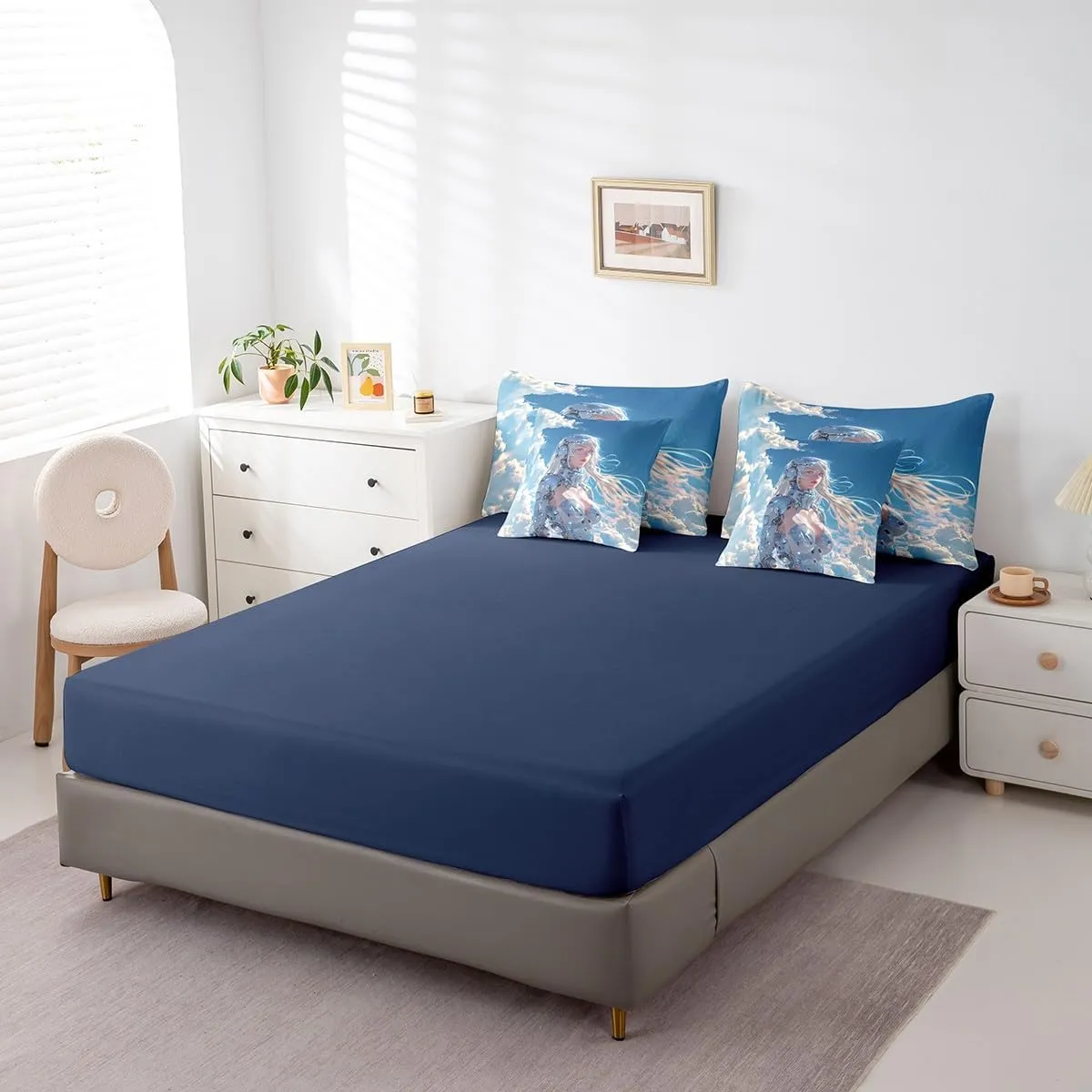 Erosebridal 7 Piece Japanese Anime Comforter Set Full Size, Cartoon Manga Girl Bed in A Bag for Kids Boys Girls, Blue Sky White Cloud Comforter with Sheet Set, Japan Animation Bedding Set