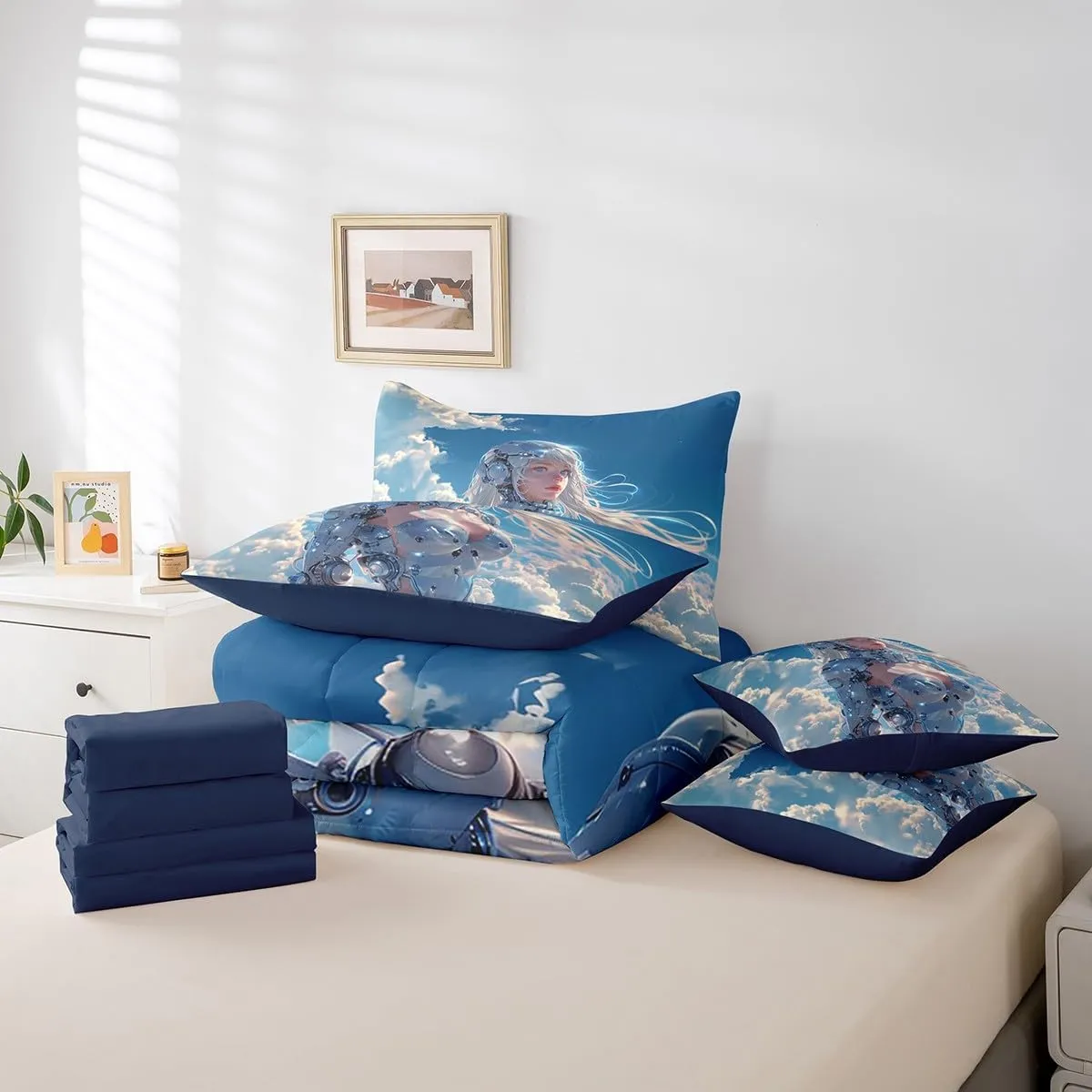 Erosebridal 7 Piece Japanese Anime Comforter Set Full Size, Cartoon Manga Girl Bed in A Bag for Kids Boys Girls, Blue Sky White Cloud Comforter with Sheet Set, Japan Animation Bedding Set