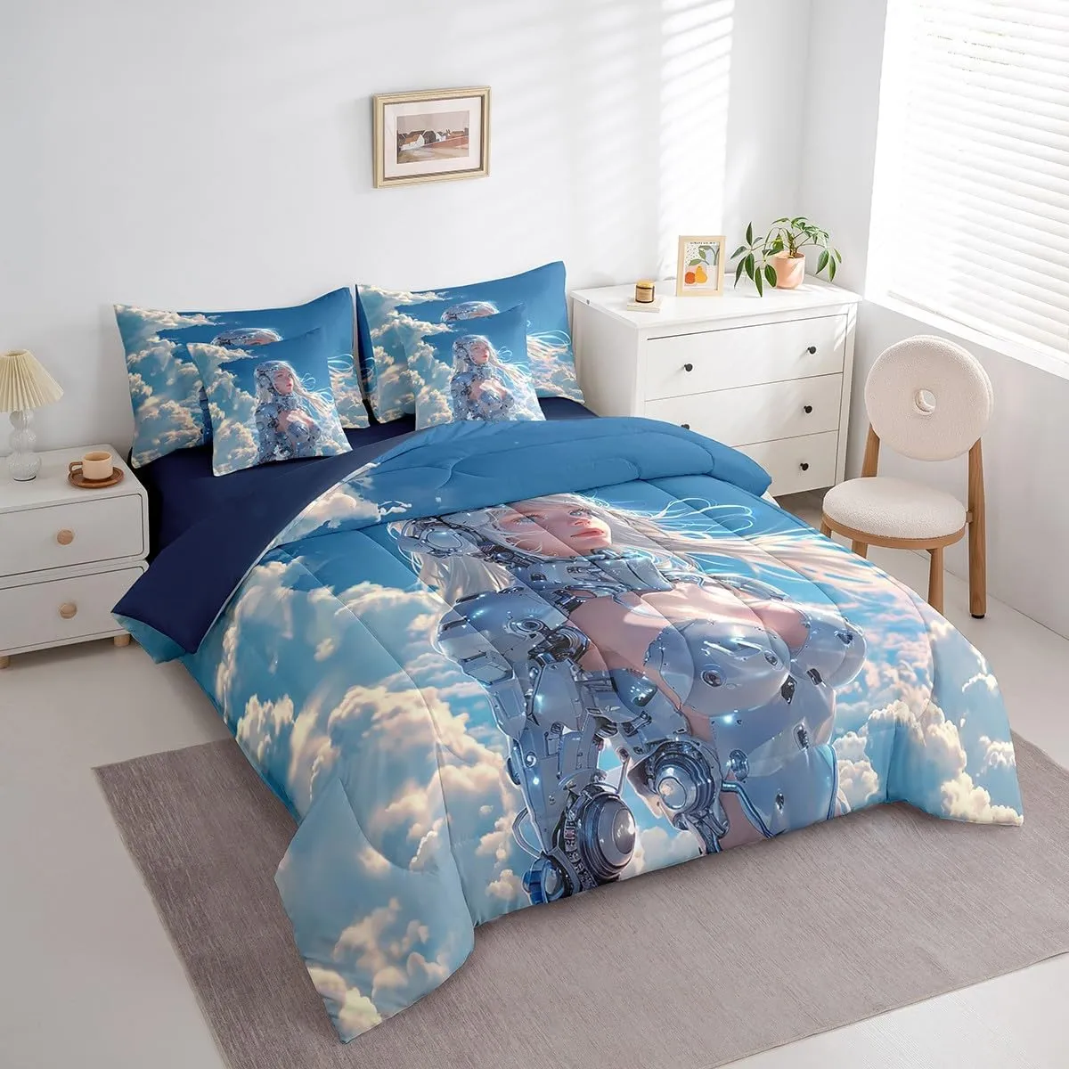 Erosebridal 7 Piece Japanese Anime Comforter Set Full Size, Cartoon Manga Girl Bed in A Bag for Kids Boys Girls, Blue Sky White Cloud Comforter with Sheet Set, Japan Animation Bedding Set