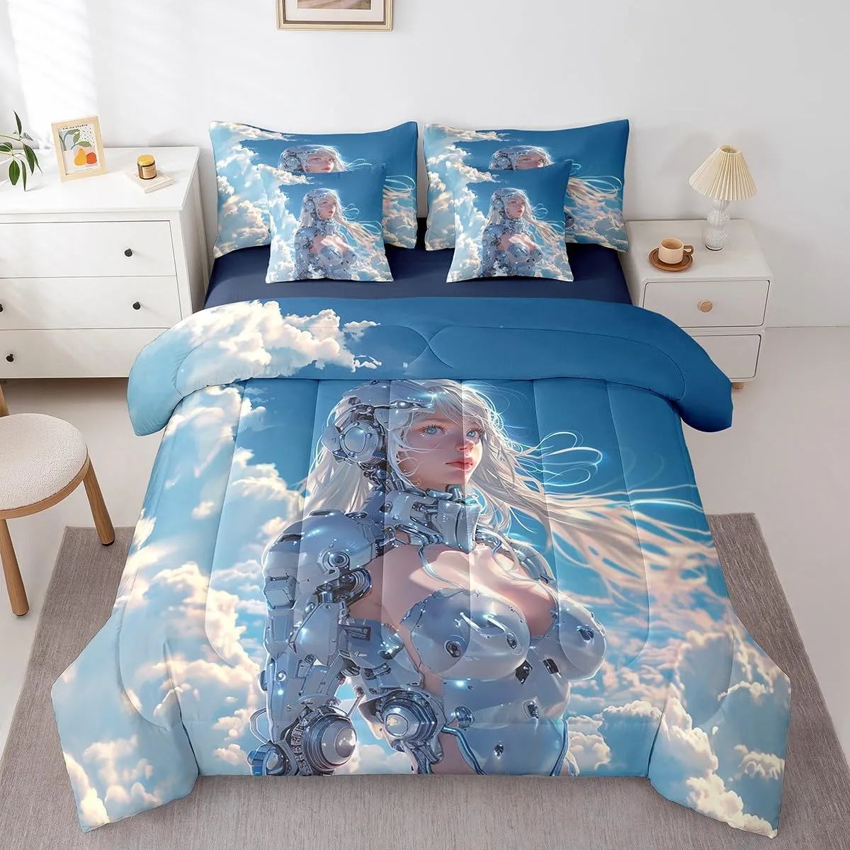 Erosebridal 7 Piece Japanese Anime Comforter Set Full Size, Cartoon Manga Girl Bed in A Bag for Kids Boys Girls, Blue Sky White Cloud Comforter with Sheet Set, Japan Animation Bedding Set