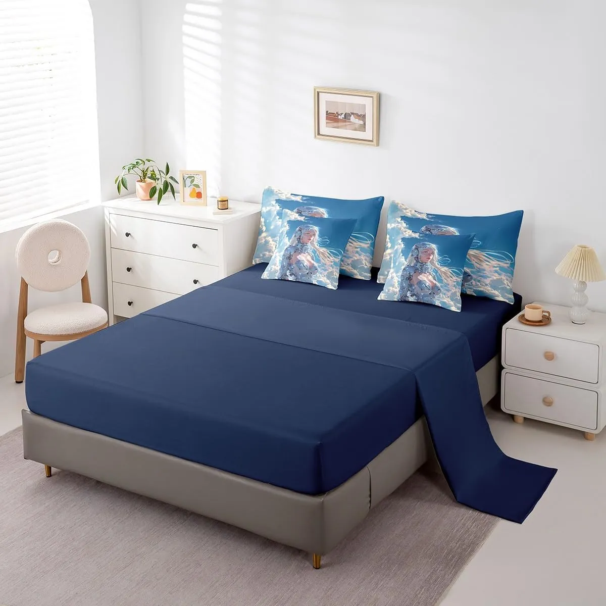 Erosebridal 7 Piece Japanese Anime Comforter Set Full Size, Cartoon Manga Girl Bed in A Bag for Kids Boys Girls, Blue Sky White Cloud Comforter with Sheet Set, Japan Animation Bedding Set