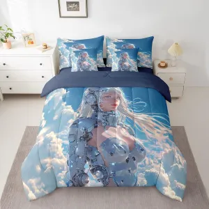 Erosebridal 7 Piece Japanese Anime Comforter Set Full Size, Cartoon Manga Girl Bed in A Bag for Kids Boys Girls, Blue Sky White Cloud Comforter with Sheet Set, Japan Animation Bedding Set