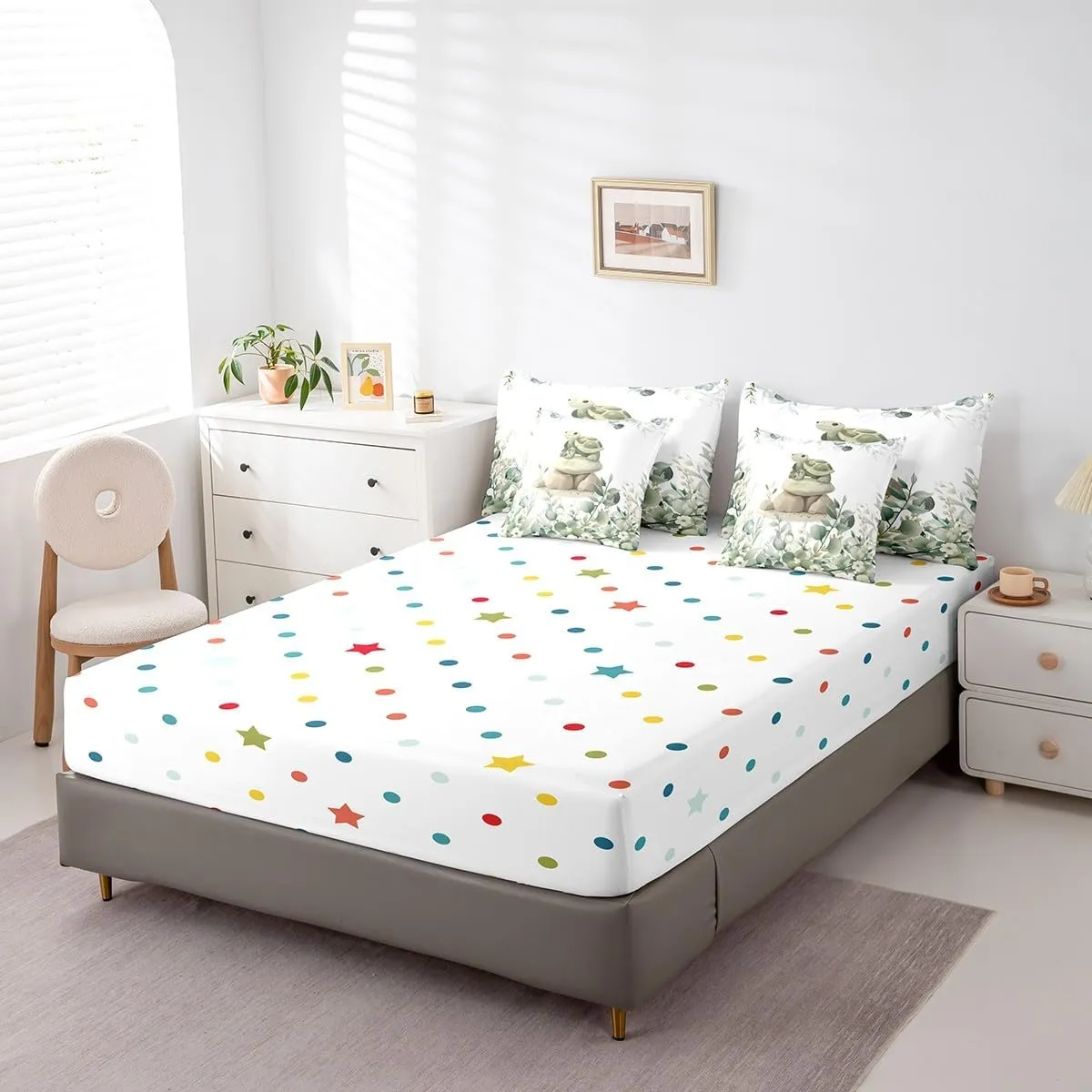 Erosebridal 7-Piece Kawaii Turtle Bedding Twin for Boys Girls Cartoon Animal Comforter Set, Eucalyptus Leaves Bedding Comforter Sets Jungle Wildlife Bed in a Bag, Botanical Bedding Accessories