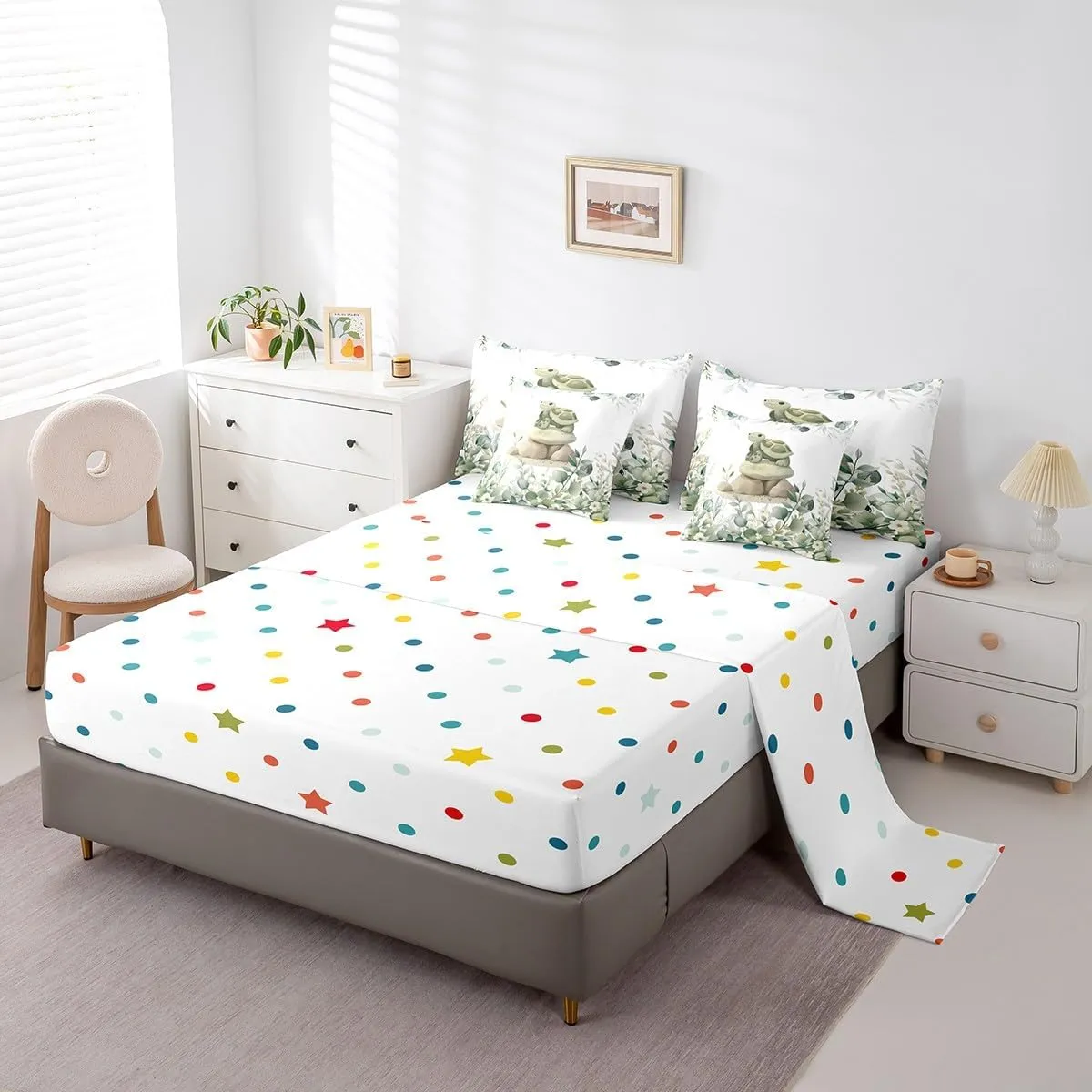 Erosebridal 7-Piece Kawaii Turtle Bedding Twin for Boys Girls Cartoon Animal Comforter Set, Eucalyptus Leaves Bedding Comforter Sets Jungle Wildlife Bed in a Bag, Botanical Bedding Accessories