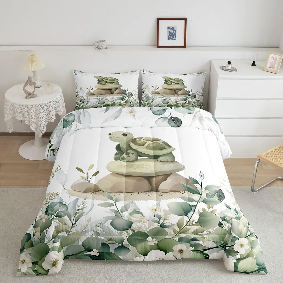 Erosebridal 7-Piece Kawaii Turtle Bedding Twin for Boys Girls Cartoon Animal Comforter Set, Eucalyptus Leaves Bedding Comforter Sets Jungle Wildlife Bed in a Bag, Botanical Bedding Accessories