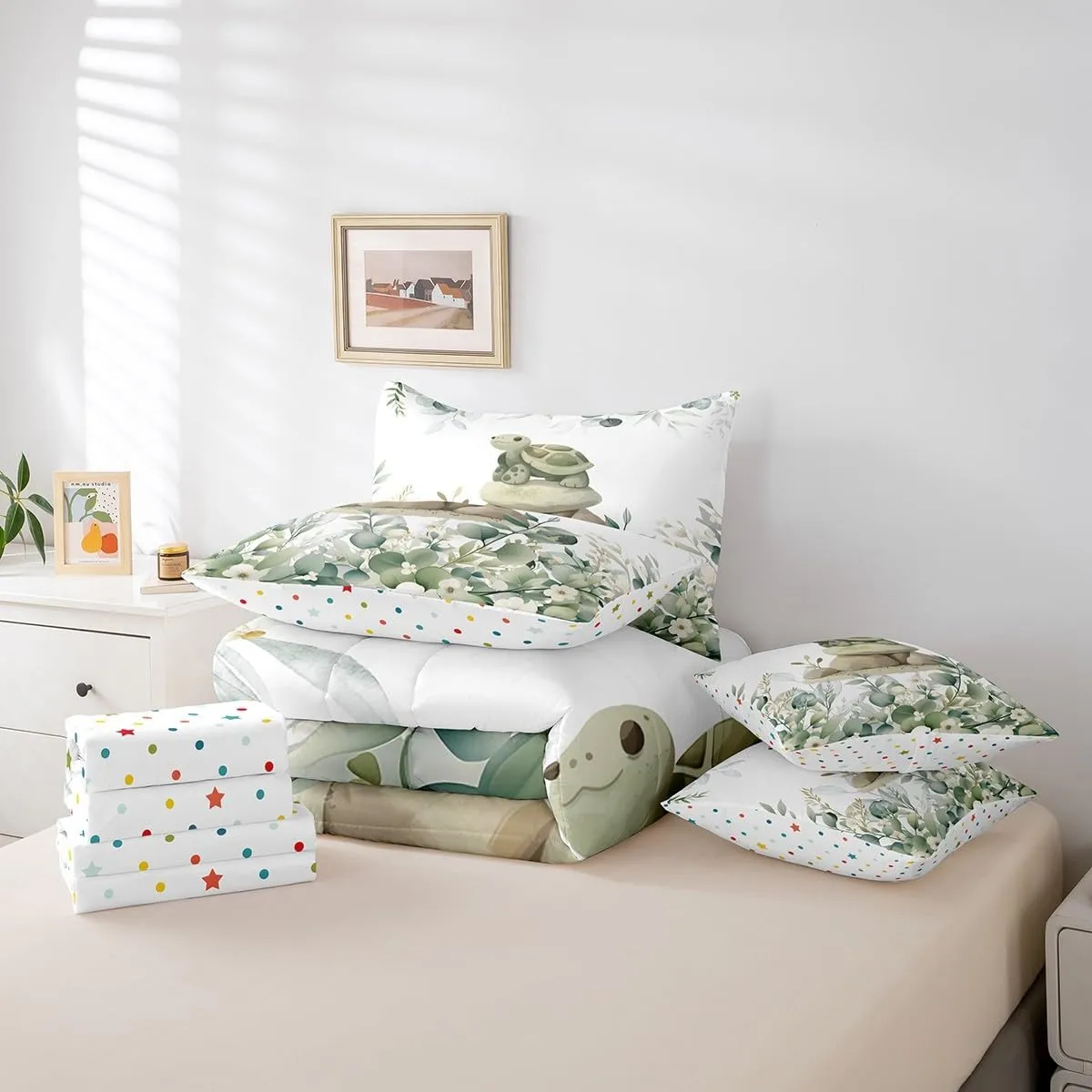 Erosebridal 7-Piece Kawaii Turtle Bedding Twin for Boys Girls Cartoon Animal Comforter Set, Eucalyptus Leaves Bedding Comforter Sets Jungle Wildlife Bed in a Bag, Botanical Bedding Accessories