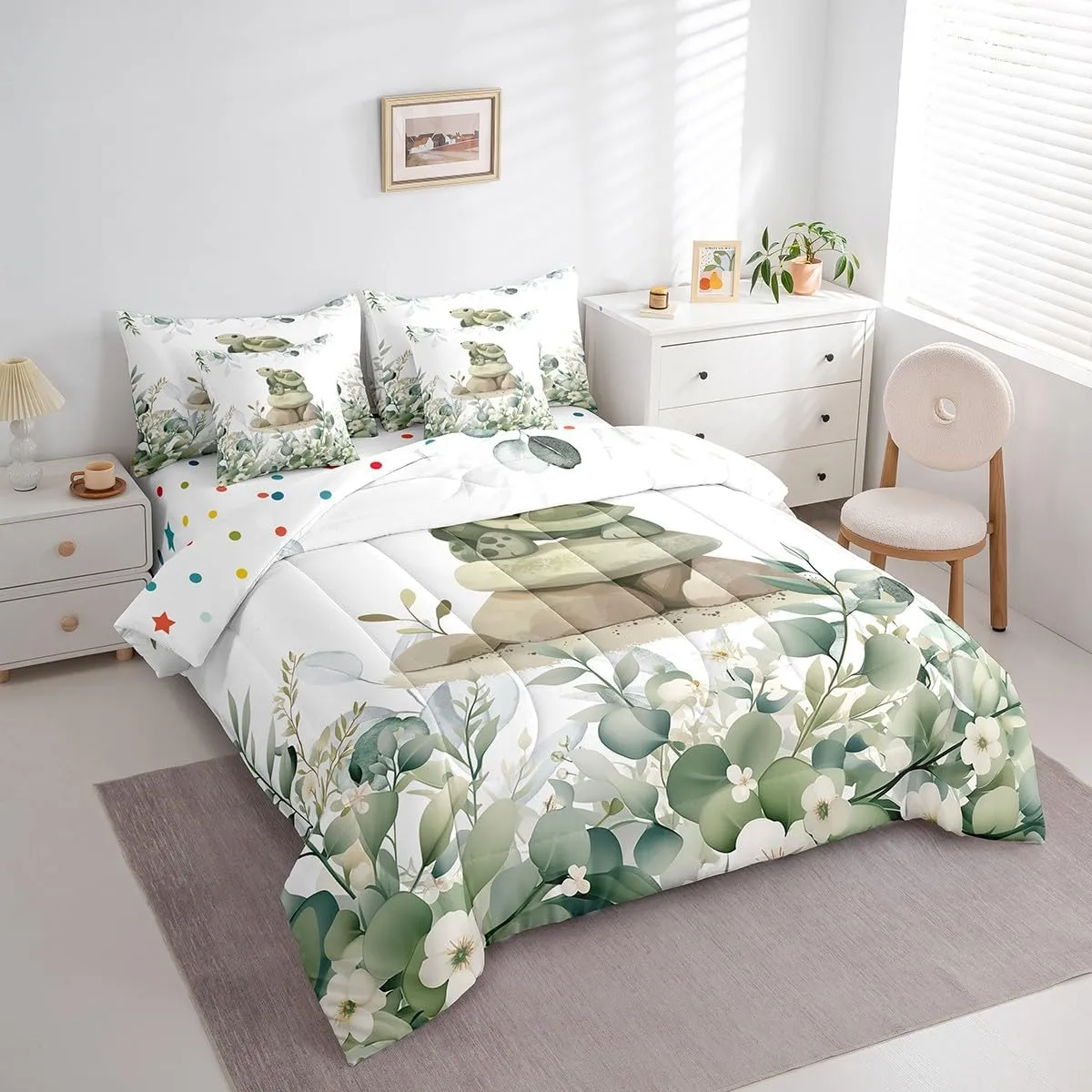 Erosebridal 7-Piece Kawaii Turtle Bedding Twin for Boys Girls Cartoon Animal Comforter Set, Eucalyptus Leaves Bedding Comforter Sets Jungle Wildlife Bed in a Bag, Botanical Bedding Accessories