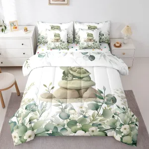 Erosebridal 7-Piece Kawaii Turtle Bedding Twin for Boys Girls Cartoon Animal Comforter Set, Eucalyptus Leaves Bedding Comforter Sets Jungle Wildlife Bed in a Bag, Botanical Bedding Accessories