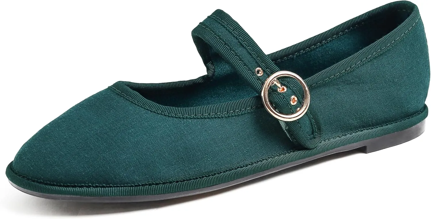 FEVERSOLE Women's Soft Breathable Mary Jane Memory Foam Cushioned Comfort Round Toe Metal Buckle Flats Walking Shoes