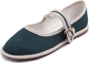 FEVERSOLE Women's Soft Breathable Mary Jane Memory Foam Cushioned Comfort Round Toe Metal Buckle Flats Walking Shoes