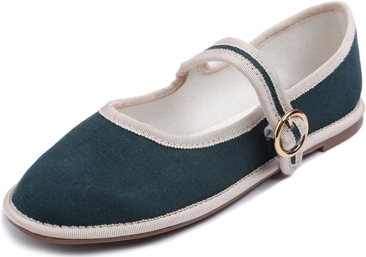 FEVERSOLE Women's Soft Breathable Mary Jane Memory Foam Cushioned Comfort Round Toe Metal Buckle Flats Walking Shoes