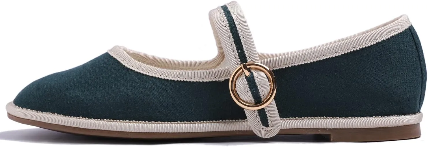 FEVERSOLE Women's Soft Breathable Mary Jane Memory Foam Cushioned Comfort Round Toe Metal Buckle Flats Walking Shoes