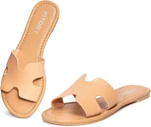 FITORY Women's Comfortable Dressy Leather Flat Sandals - Stylish & Beautiful Summer Slides Size 6-11