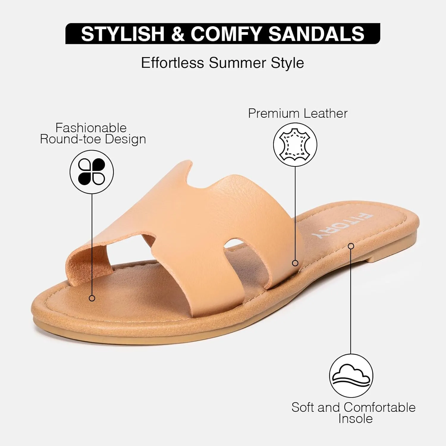 FITORY Women's Comfortable Dressy Leather Flat Sandals - Stylish & Beautiful Summer Slides Size 6-11