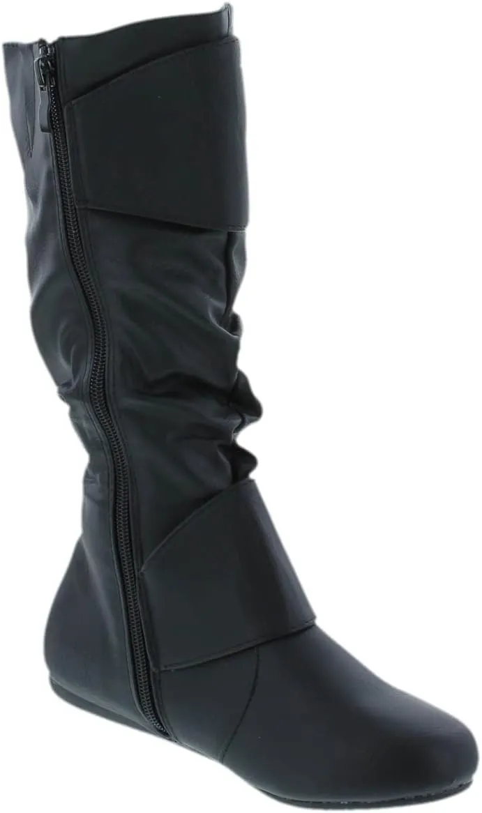 Forever Link Women's Klein-70 Closed Round Toe Buckle Slouch Flat Heel Mid-Calf Boot