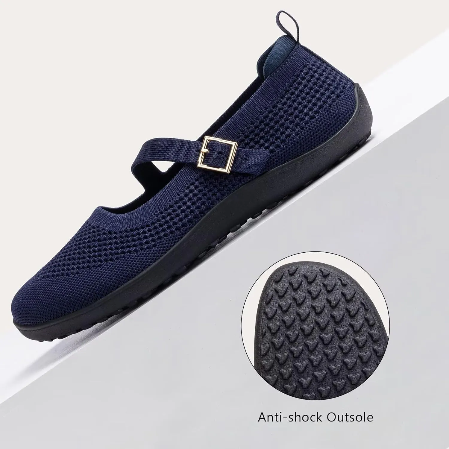Frank Mully Women's Wide Width Flats Mary Jane Flat Comofortable Knit Ballet Flat Wide Toe Box Dress Shoes with Adjustable Straps
