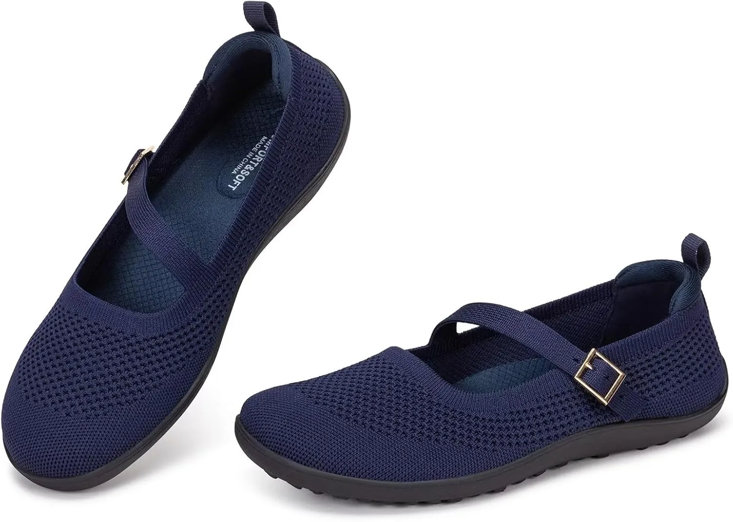 Frank Mully Women's Wide Width Flats Mary Jane Flat Comofortable Knit Ballet Flat Wide Toe Box Dress Shoes with Adjustable Straps