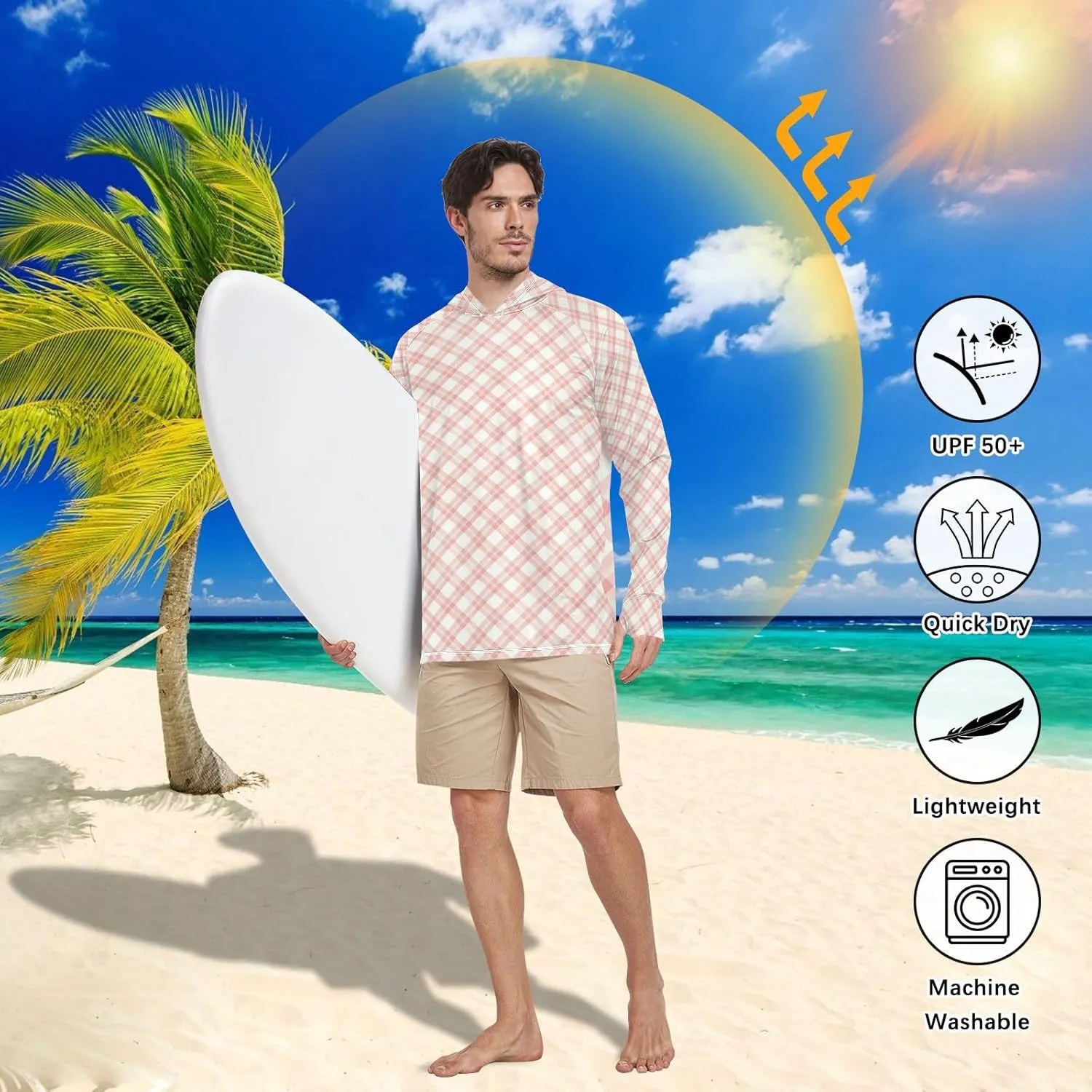 Gingham Plaid Men's Sun Protection Hoodie Long Sleeve UPF 50   Mens Sun Shirts Sailing Shirts UV Hooded Rash Guard
