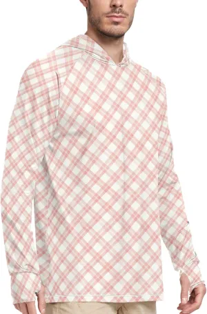Gingham Plaid Men's Sun Protection Hoodie Long Sleeve UPF 50   Mens Sun Shirts Sailing Shirts UV Hooded Rash Guard